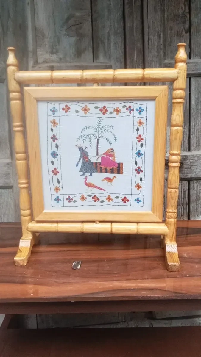Handcrafted Couple and Birds Himachali Rumal Painting (1 Foot)