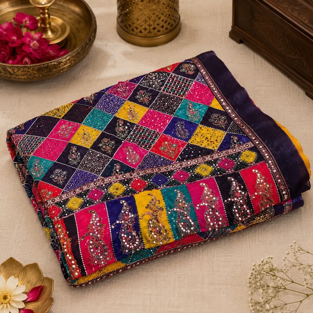 Handcrafted Designer Punjabi Phulkari Dupatta (Mirror Work)