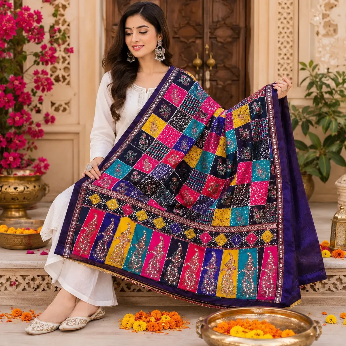 Handcrafted Designer Punjabi Phulkari Dupatta (Mirror Work)