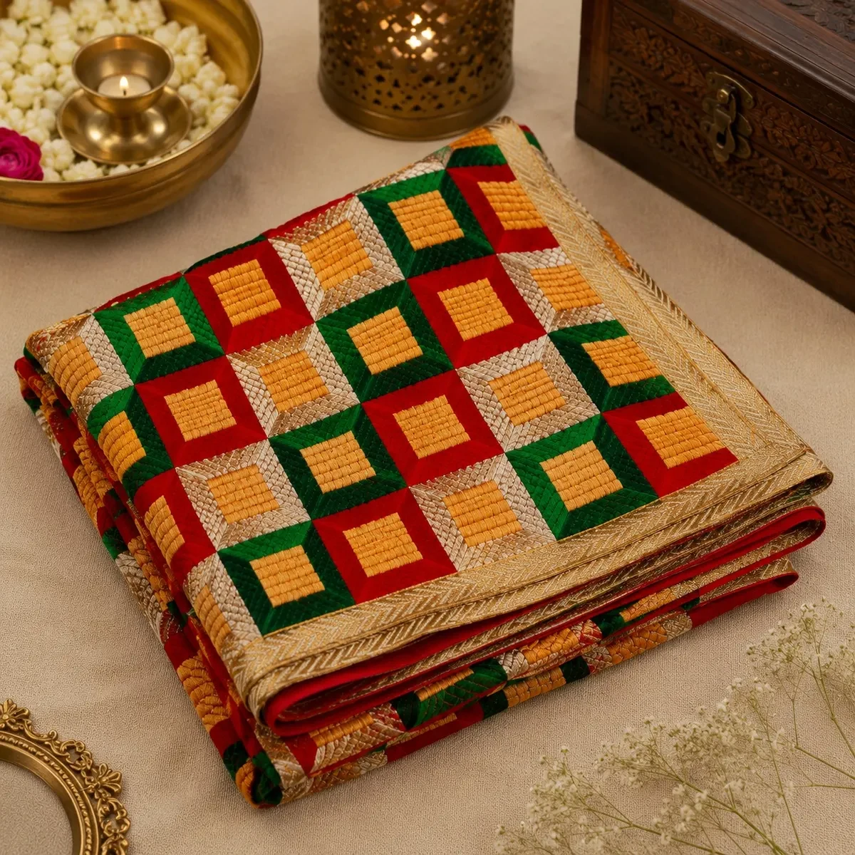Handcrafted Geometric Punjabi Phulkari Dupatta