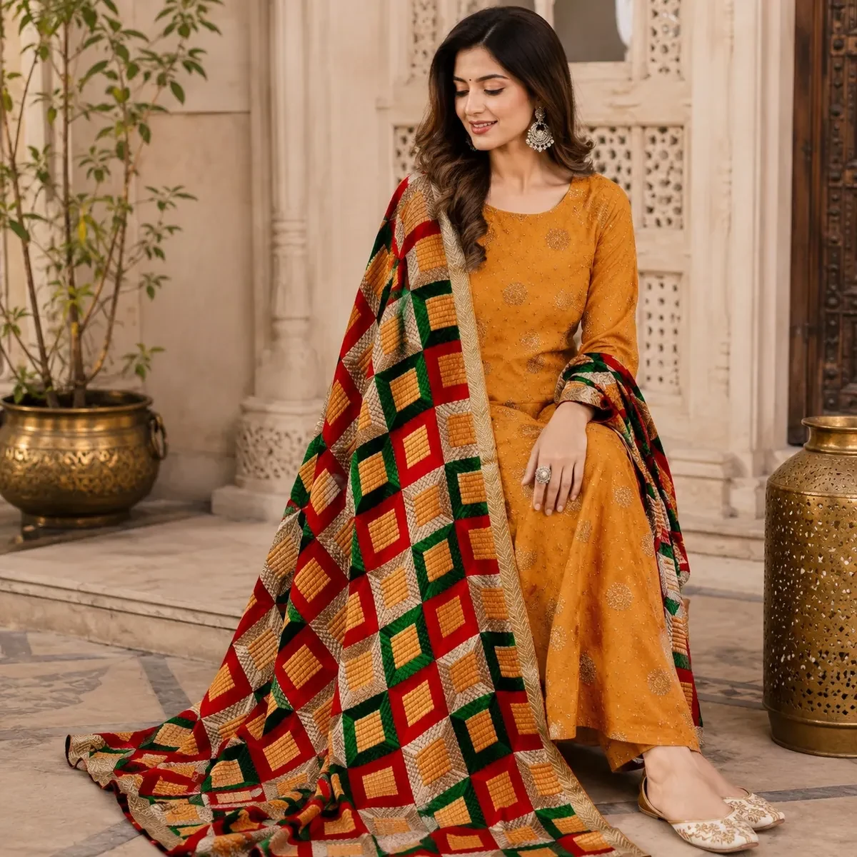 Handcrafted Geometric Punjabi Phulkari Dupatta