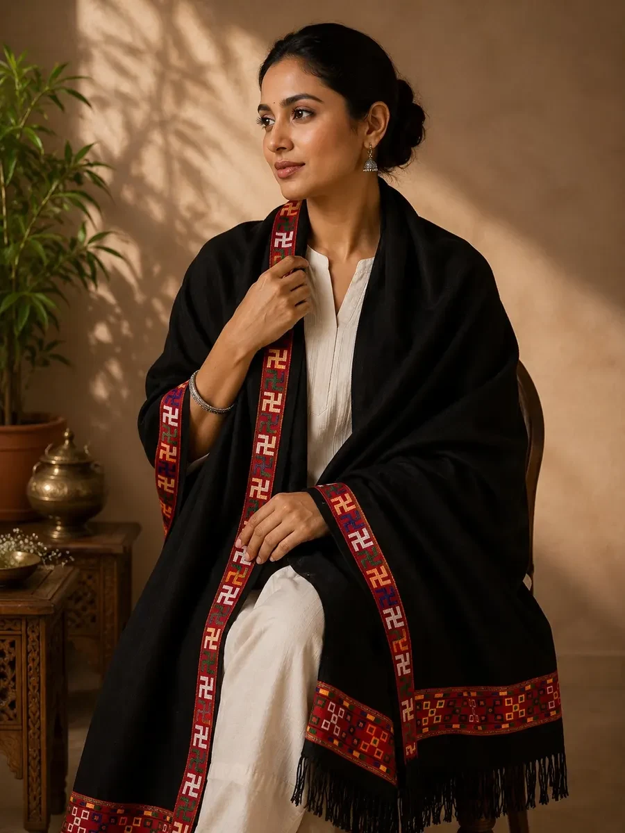 Handcrafted Himachali Double-Border Black Woolen Shawl