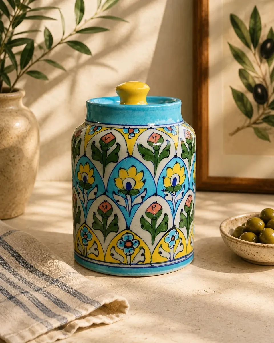 Handcrafted Jaipur Blue Pottery Floral Canister – 7.5 Inch