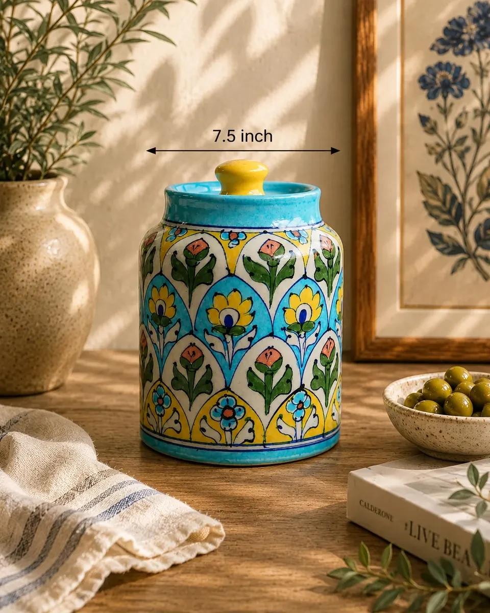 Handcrafted Jaipur Blue Pottery Floral Canister – 7.5 Inch