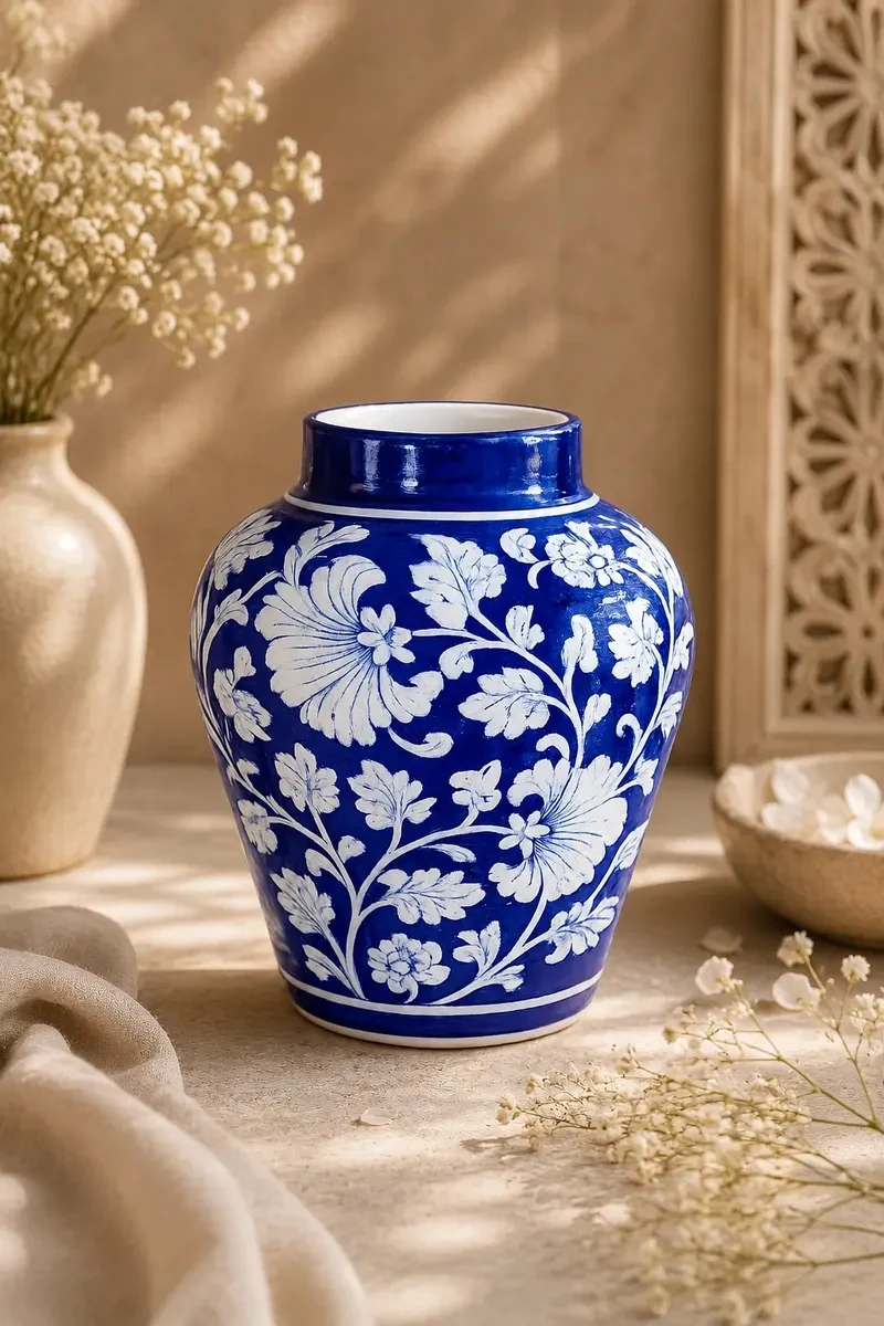 Handcrafted Jaipur Blue Pottery Royal Indigo Vase – 7 Inch