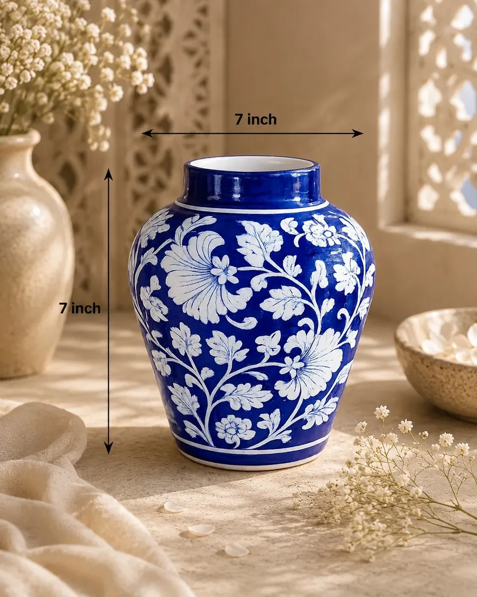 Handcrafted Jaipur Blue Pottery Royal Indigo Vase – 7 Inch