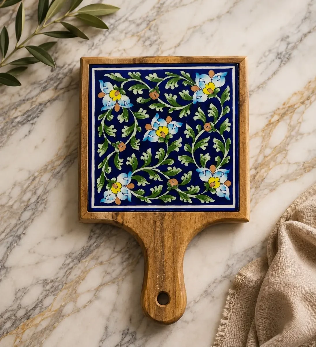 Handcrafted Jaipur Blue Pottery Serving Platter – 11 Inch Wooden Handle
