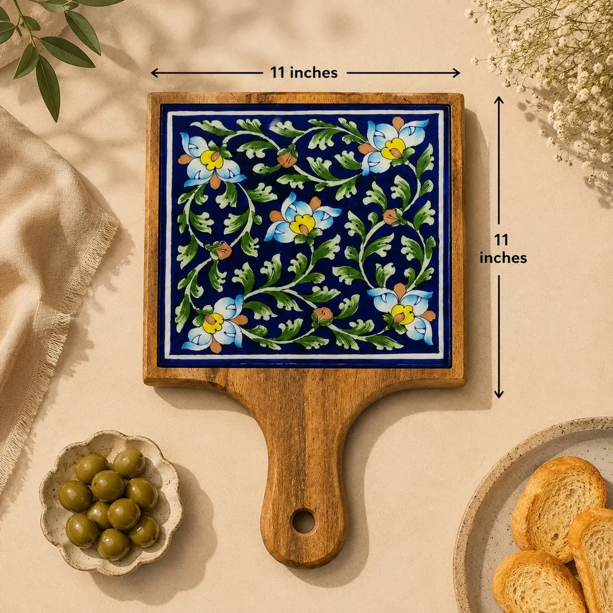 Handcrafted Jaipur Blue Pottery Serving Platter – 11 Inch Wooden Handle