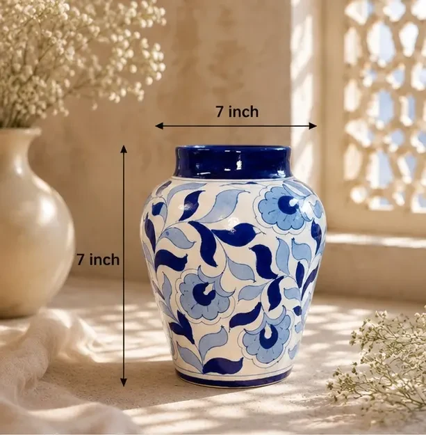Handcrafted Jaipur Blue Pottery Vase – Dutch Design 7 Inch