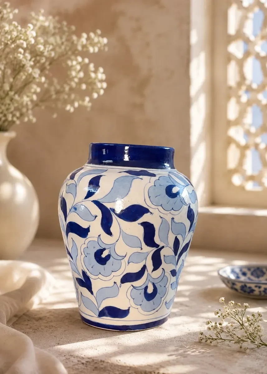 Handcrafted Jaipur Blue Pottery Vase – Dutch Design 7 Inch
