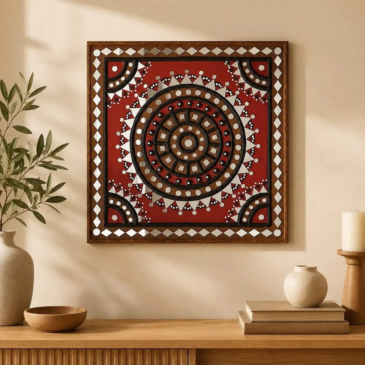 Handcrafted Lippan Art | Traditional Mud Mirror Work Wall Art (12 × 12 Inch)