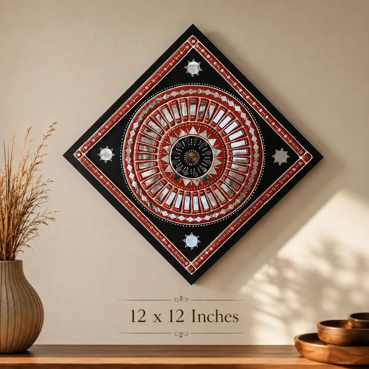 Handcrafted Mud Mirror Work Wall Art | Traditional Indian Tribal Decorative Wall Hanging (12 × 12 Inch)