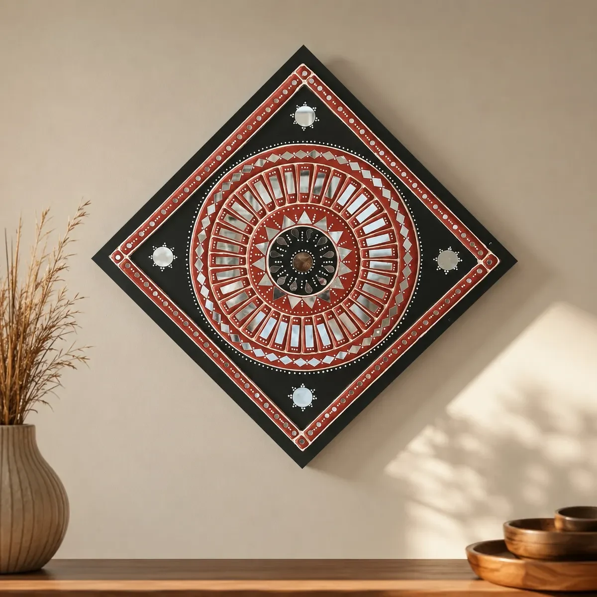 Handcrafted Mud Mirror Work Wall Art | Traditional Indian Tribal Decorative Wall Hanging (12 × 12 Inch)