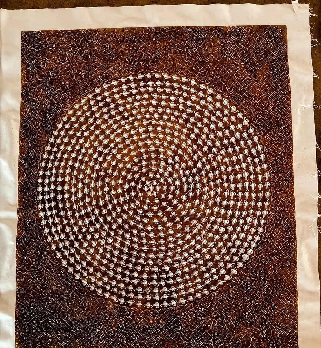 Handcrafted Tribal Warli Dot Art – Warm Earth Rectangular (30 × 36 Inches)