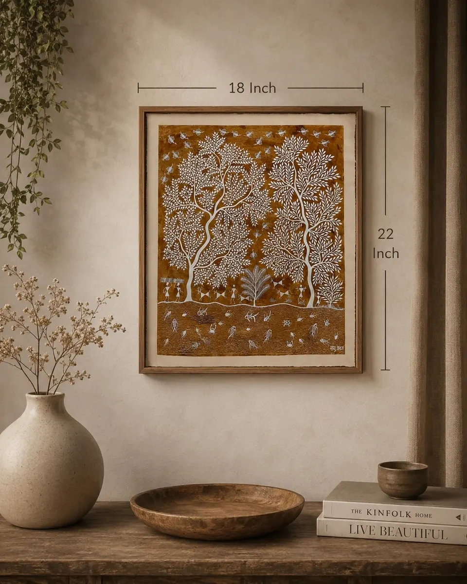Handcrafted Tribal Warli Dot Art – Warm Earth Small (18 × 22 Inches)