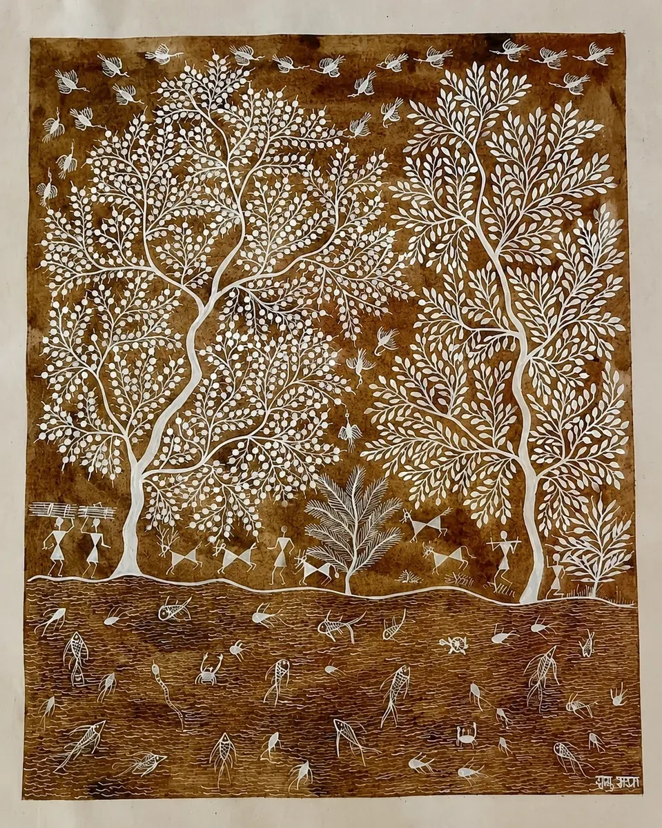 Handcrafted Tribal Warli Dot Art – Warm Earth Small (18 × 22 Inches)