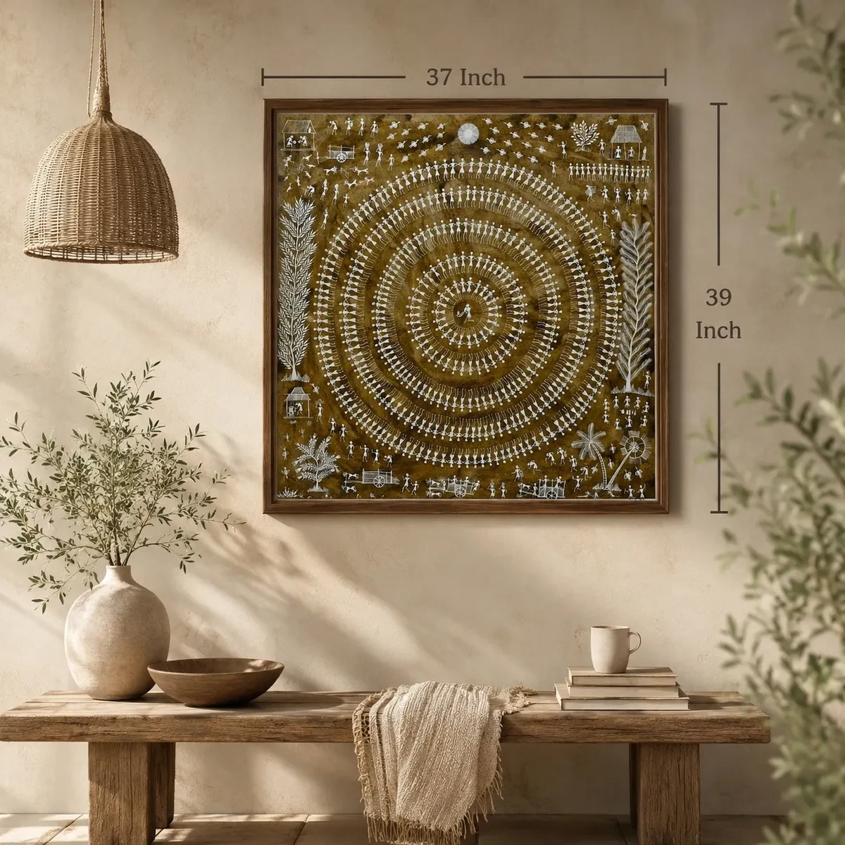 Handcrafted Tribal Warli Dot Art – Warm Earth (37 × 39 Inches)