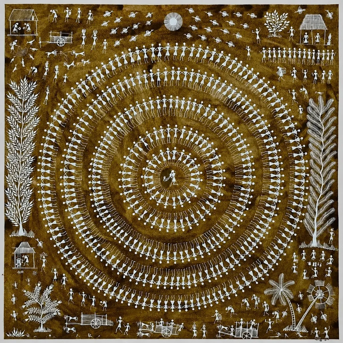 Handcrafted Tribal Warli Dot Art – Warm Earth (37 × 39 Inches)