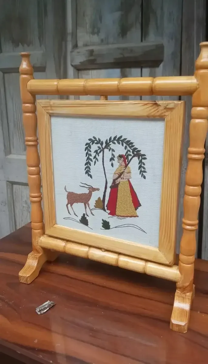 Handcrafted Woman & Deer Himachali Rumal Painting (1 Foot)