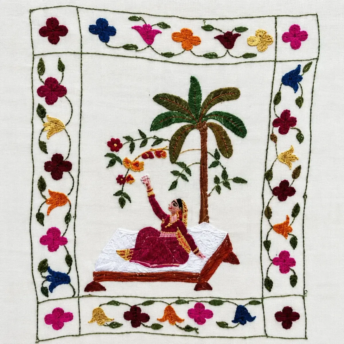 Handcrafted Woman with Palm Tree Himachali Rumal Painting (1 Foot)