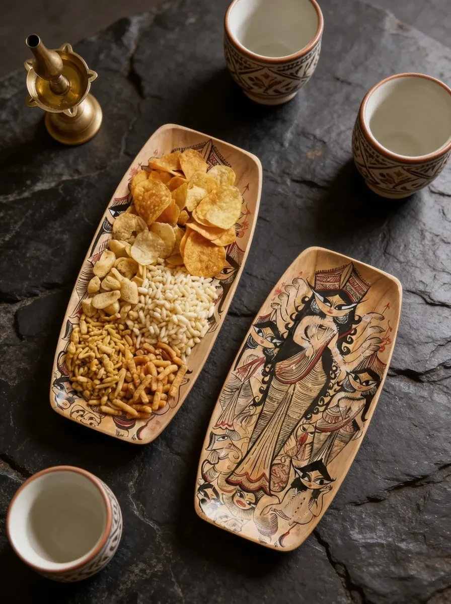 Handcrafted Wooden Serving Tray with Kalighat Art