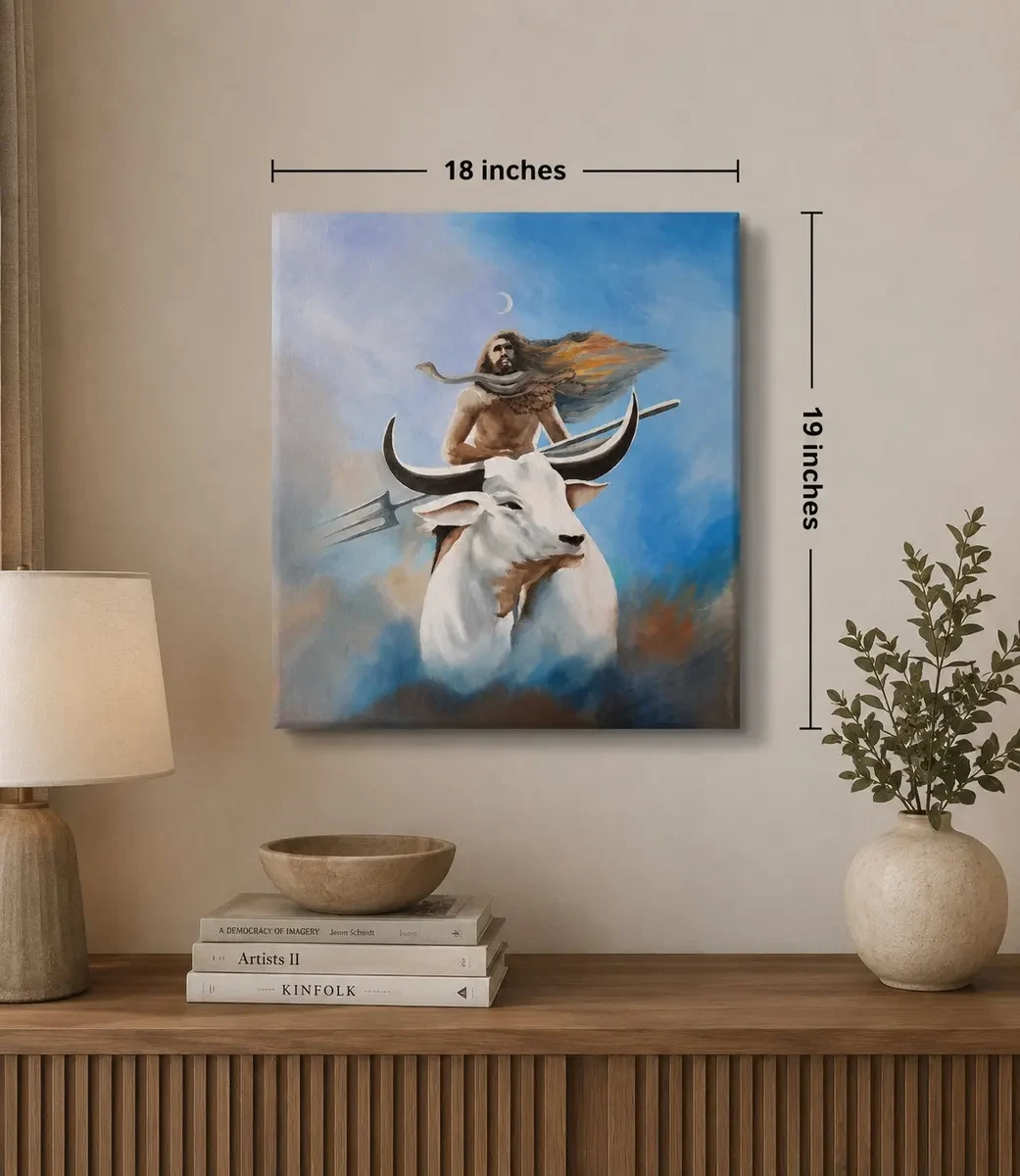 Handpainted Lord Shivji with Nandi Acrylic Canvas Painting (18 × 19 Inches)