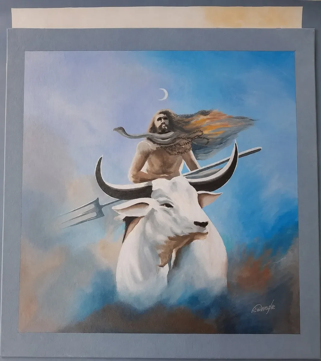Handpainted Lord Shivji with Nandi Acrylic Canvas Painting (18 × 19 Inches)