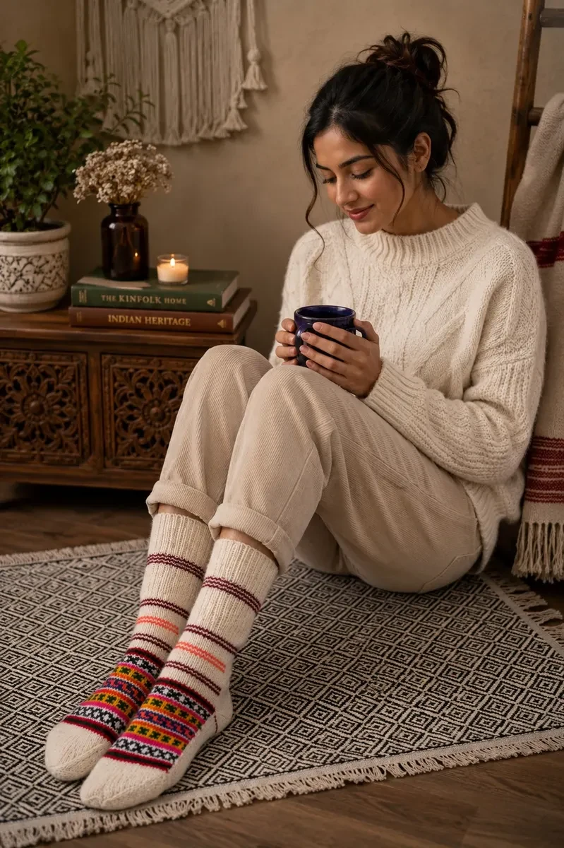 Himachali Handwoven Wool Socks - Traditional Multicolour