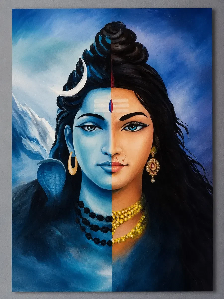 Karnataka Handpainted Ardhanarishvara Acrylic Canvas Painting (13.5 × 23 Inches)