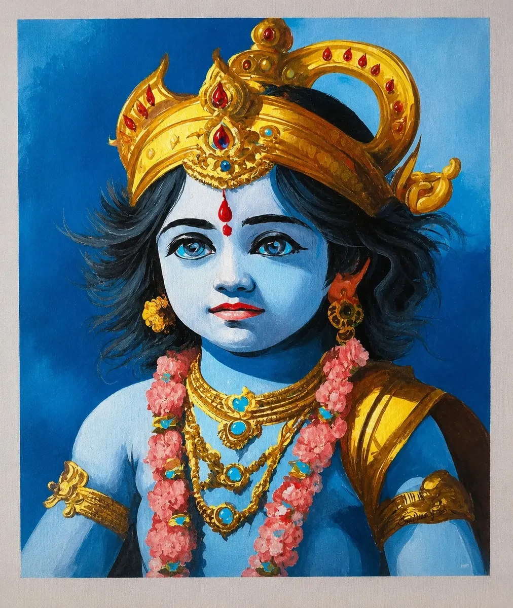 Karnataka Handpainted Bal Krishna Acrylic Canvas Painting (12.5 × 14 Inches)