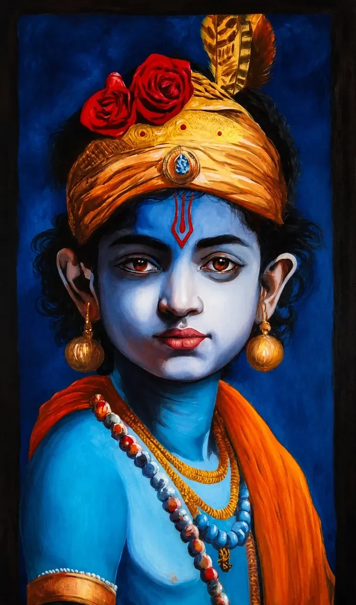 Karnataka Handpainted Bal Krishna Acrylic Canvas Painting (14 × 28 Inches)