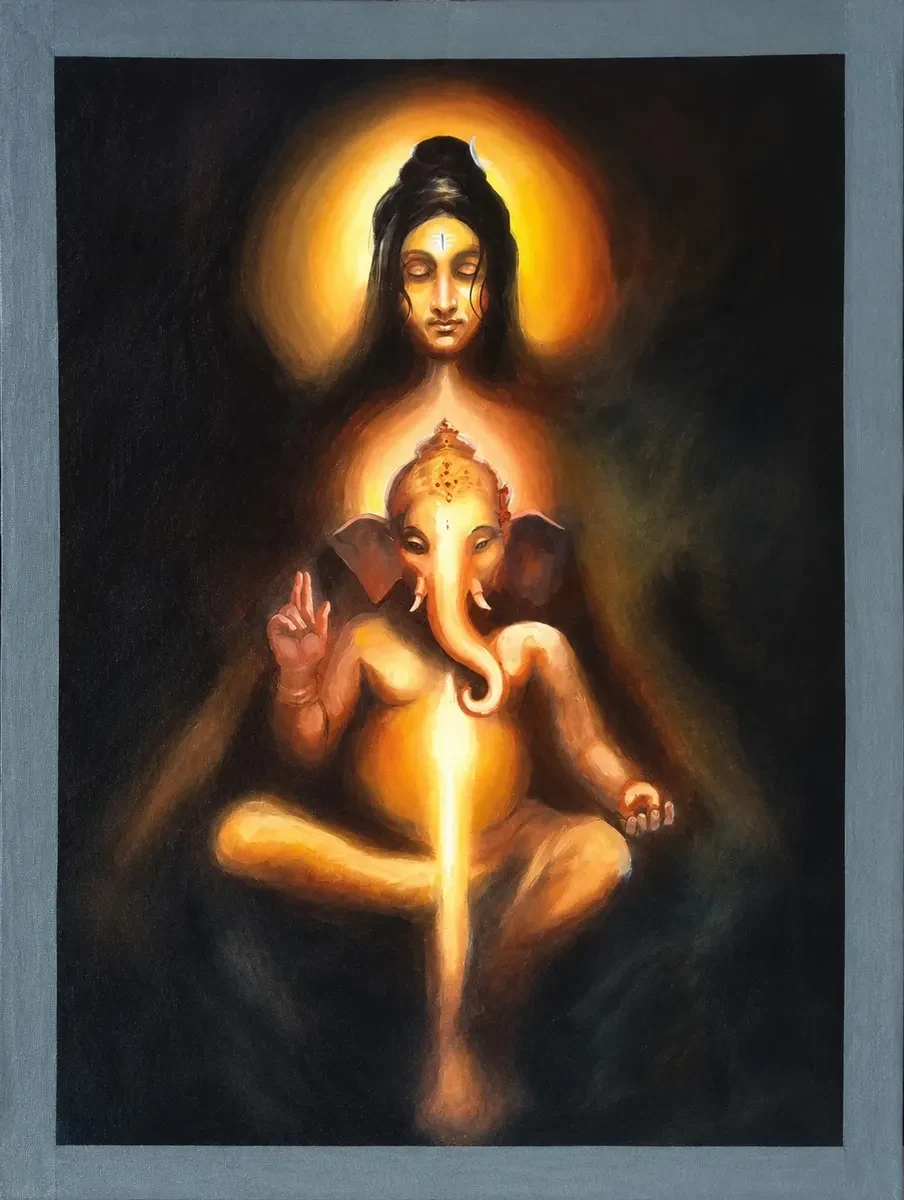 Karnataka Handpainted Divine Ganesha & Adi Shakti Acrylic Canvas Painting (19 × 29 Inches)