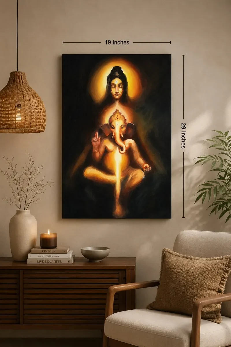 Karnataka Handpainted Divine Ganesha & Adi Shakti Acrylic Canvas Painting (19 × 29 Inches)