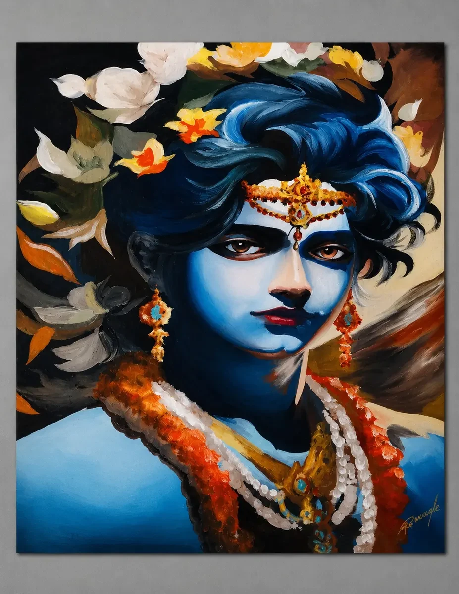 Karnataka Handpainted Lord Krishna Portrait Acrylic Canvas Painting (13 × 15 Inches)