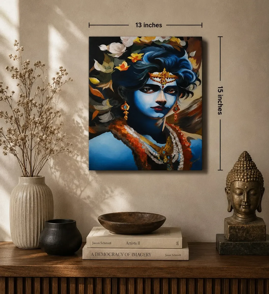 Karnataka Handpainted Lord Krishna Portrait Acrylic Canvas Painting (13 × 15 Inches)