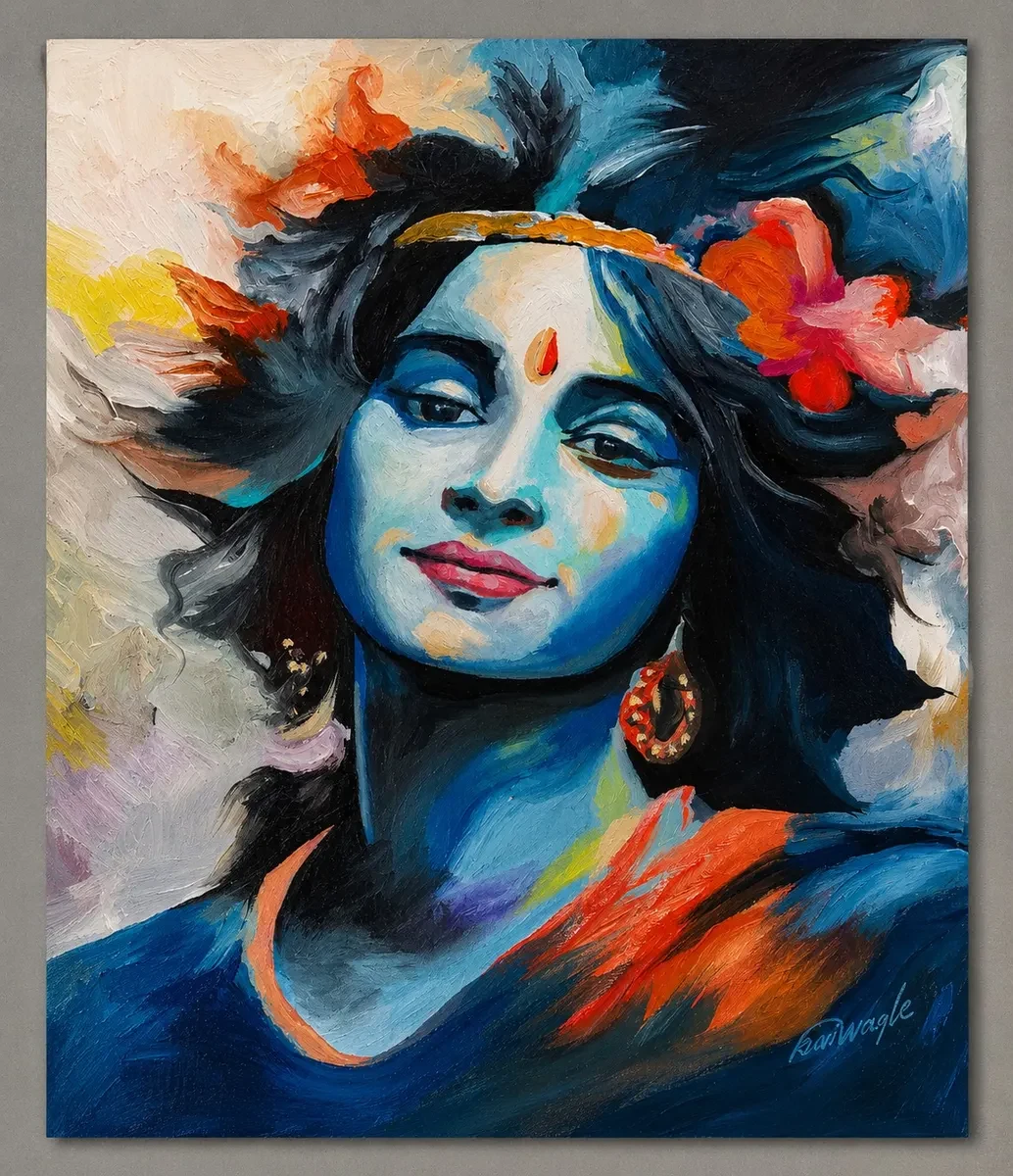Karnataka Handpainted Lord Krishnaji Portrait Acrylic Canvas Painting (13 × 15 Inches)