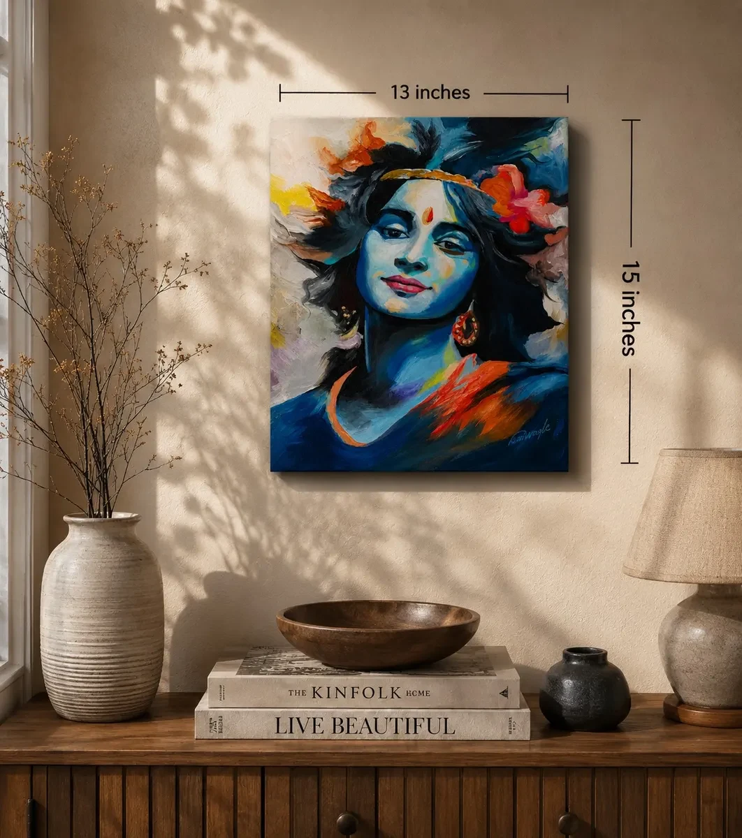 Karnataka Handpainted Lord Krishnaji Portrait Acrylic Canvas Painting (13 × 15 Inches)