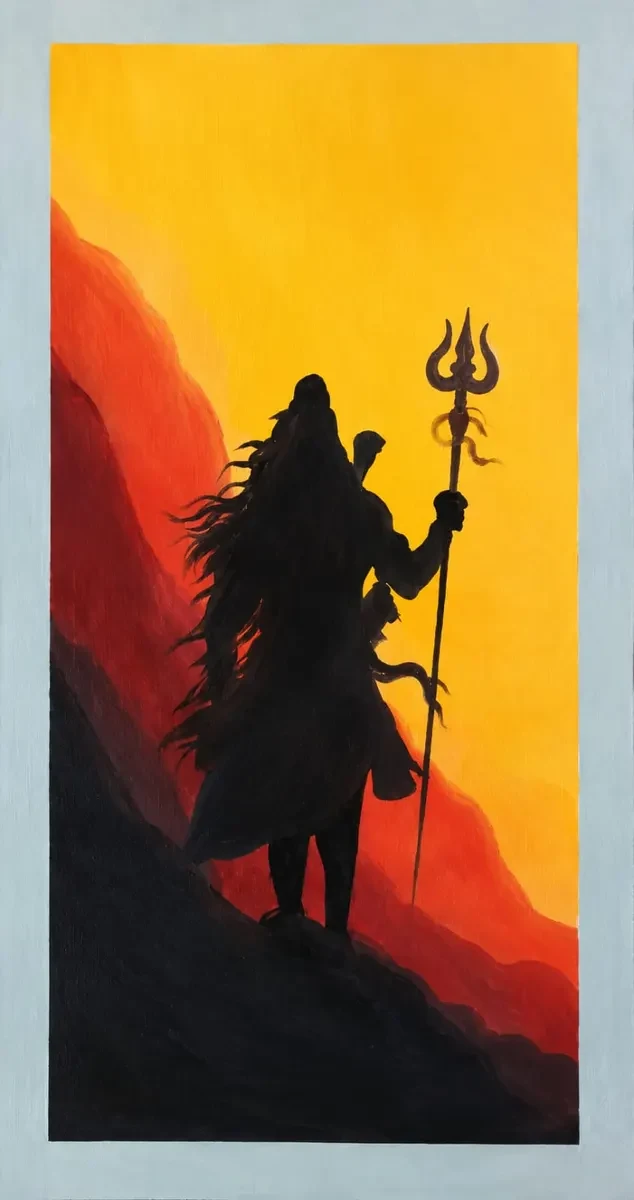 Karnataka Handpainted Lord Shiva Silhouette Acrylic Canvas Painting – Sunrise (10 × 22 Inches)