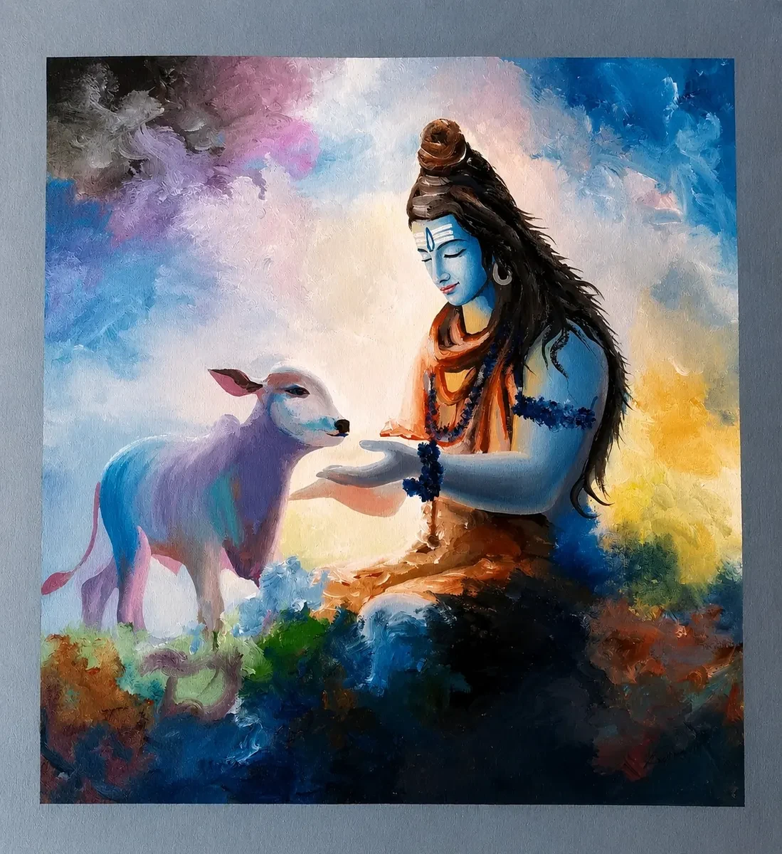 Karnataka Handpainted Lord Shiva with Sacred Calf Acrylic Canvas Painting (18 × 19 Inches)