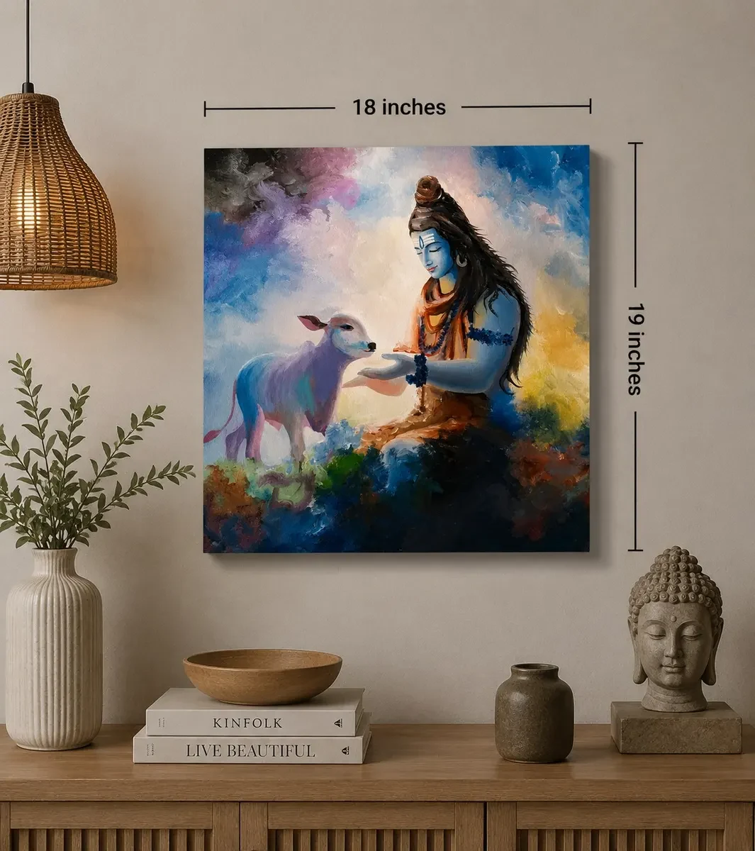Karnataka Handpainted Lord Shiva with Sacred Calf Acrylic Canvas Painting (18 × 19 Inches)