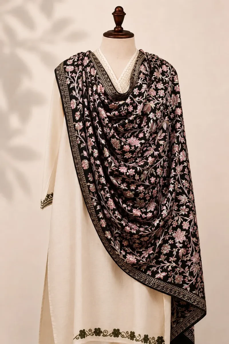 Kashmiri Black Shawl with Aari Embroidery