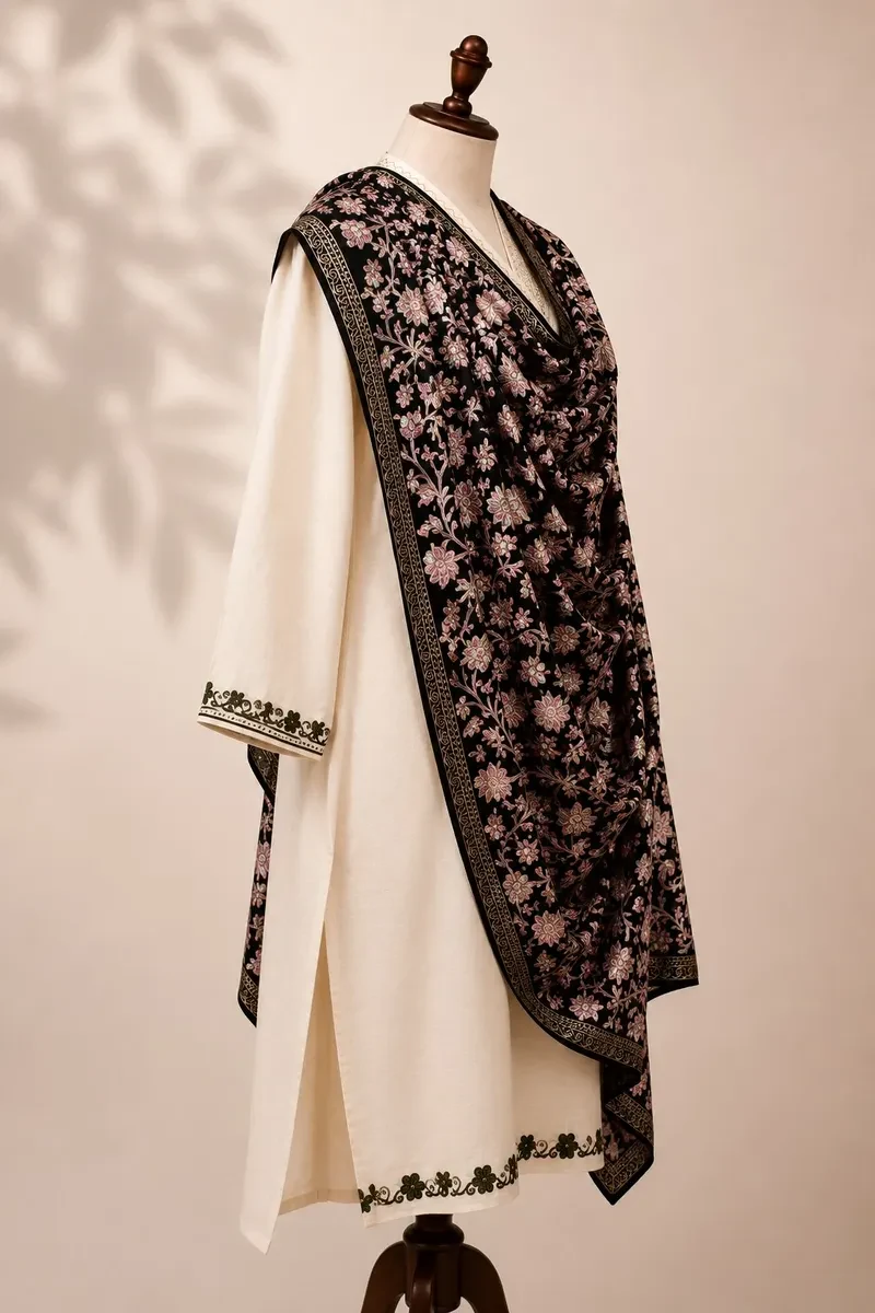 Kashmiri Black Shawl with Aari Embroidery