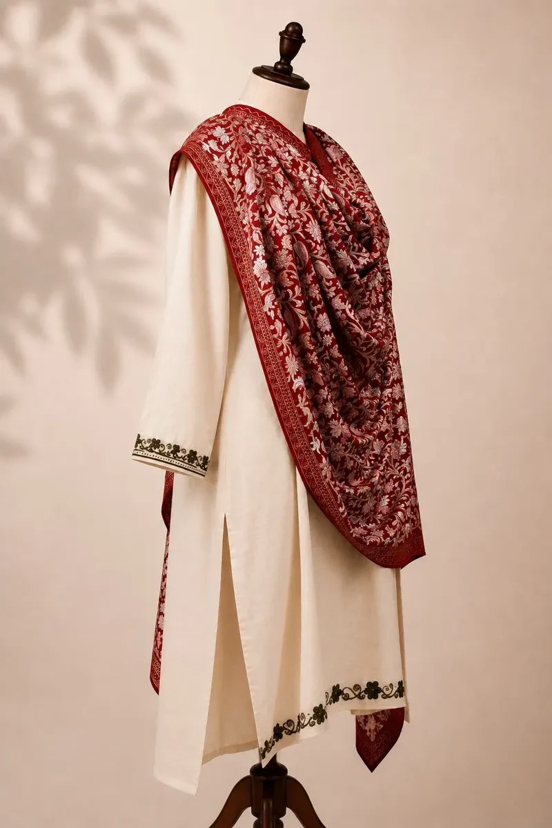 Kashmiri Red Shawl with Aari Embroidery