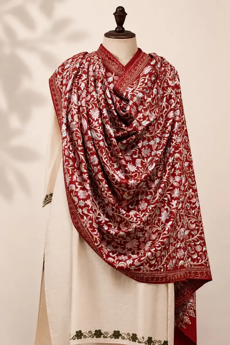 Kashmiri Red Shawl with Aari Embroidery