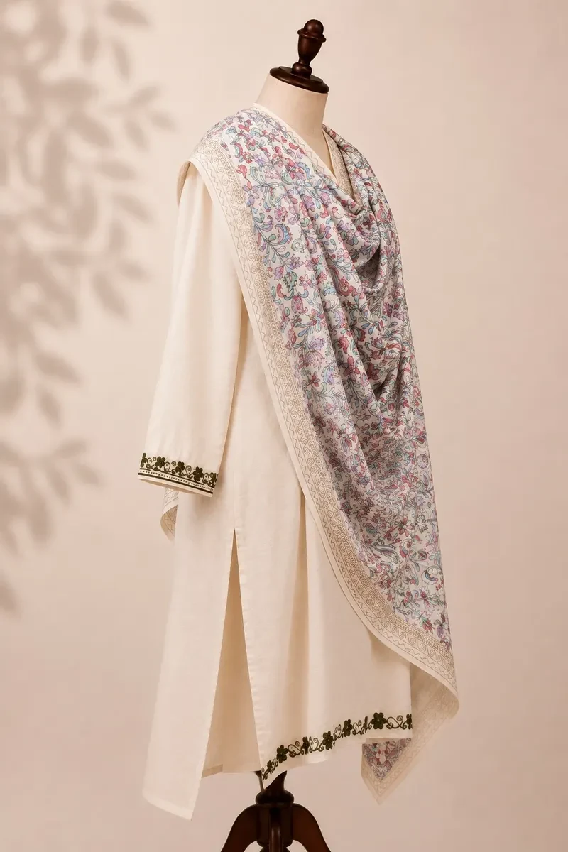Kashmiri White Shawl with Aari Embroidery