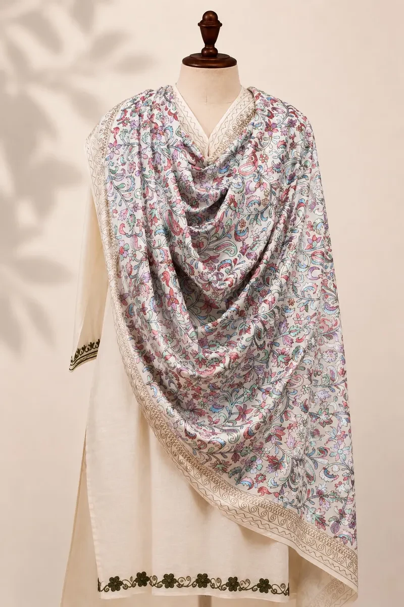 Kashmiri White Shawl with Aari Embroidery