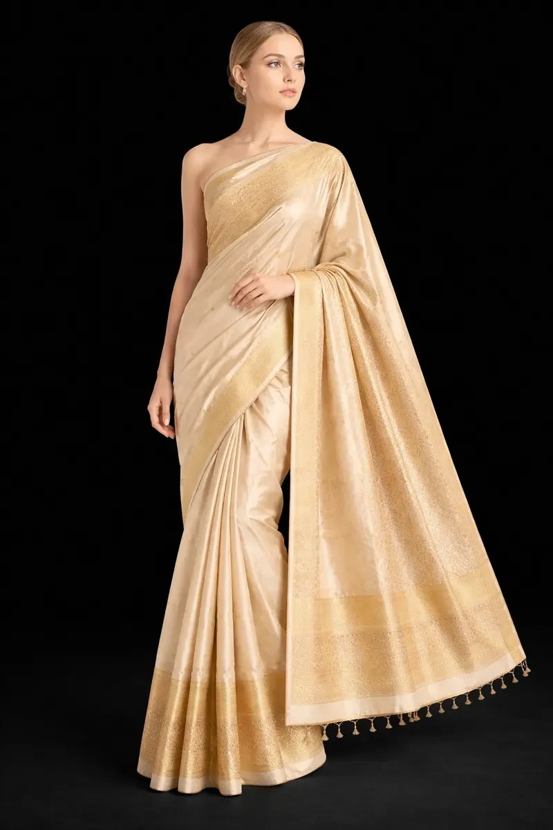 Kerala Kasavu Saree Golden Zari Border