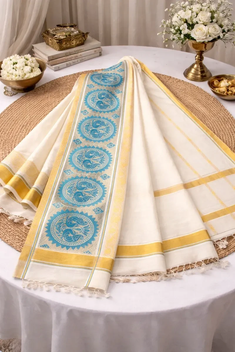 Kerala Kasavu Saree with Blue Temple Motif Border