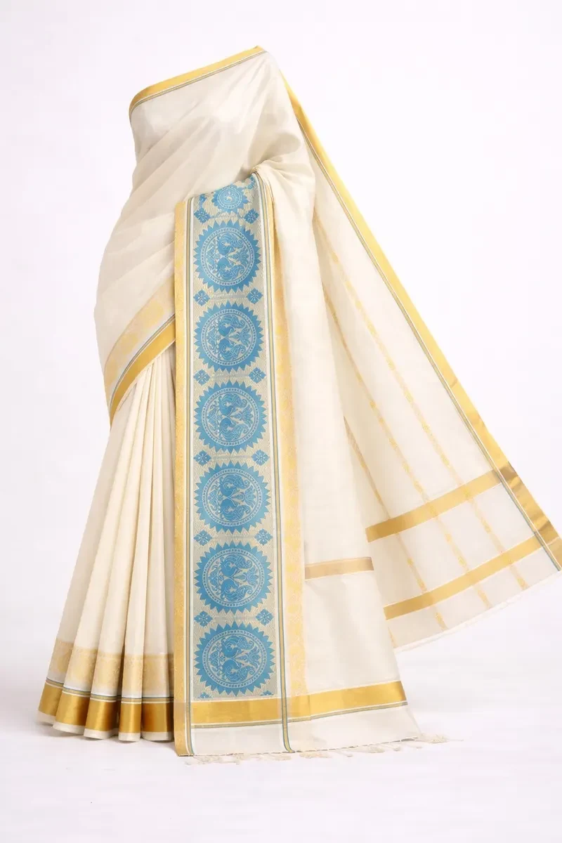 Kerala Kasavu Saree with Blue Temple Motif Border
