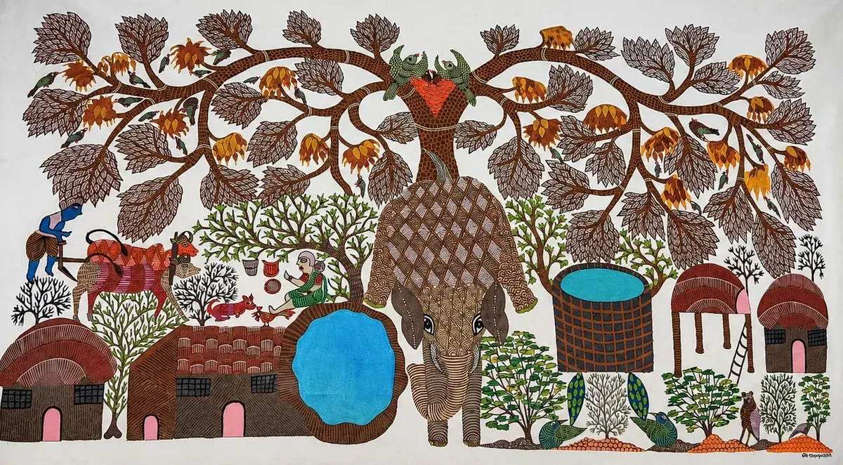 MP Handpainted Gond Art Elephant Tree of Life Painting – Traditional Tribal Folk Wall Art (50 × 36 Inches)